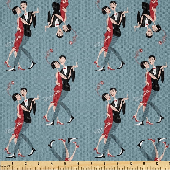 Ambesonne Romantic Fabric by the Yard Microfiber, Couple Dancing Tango Love, 2 Yards, Red Grey Slate Blue