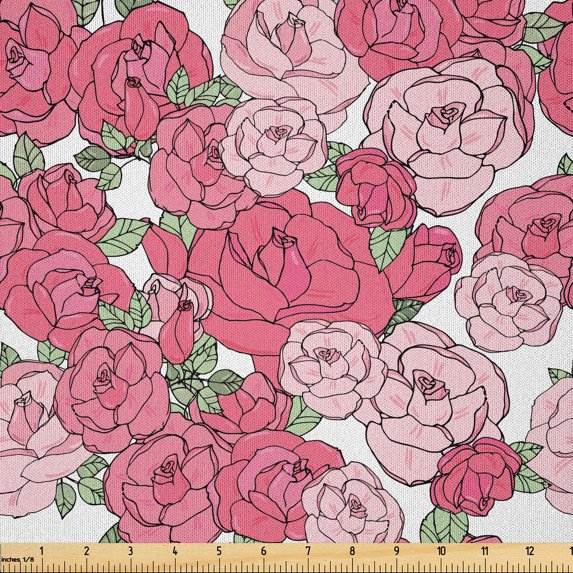 Ambesonne Romantic Fabric by the Yard Microfiber, Rose Flower Blossoms Art, 3 Yards, White Green Pastel Pink
