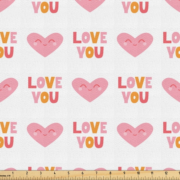 Ambesonne Romantic Fabric by the Yard Upholstery, Heart Illustration Print, 3 Yards, Pale Pink Marigold White