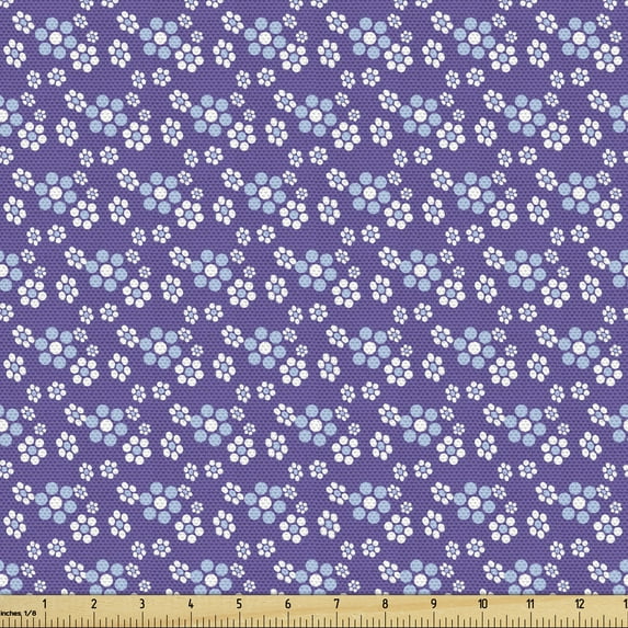 Ambesonne Romantic Fabric by the Yard Upholstery, Mini Retro Flower Blossoms, 5 Yards, Blue Violet and White