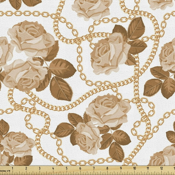 Ambesonne Romantic Fabric by the Yard Upholstery, Monotone Budding Roses, 5 Yards, Pastel Brown Caramel