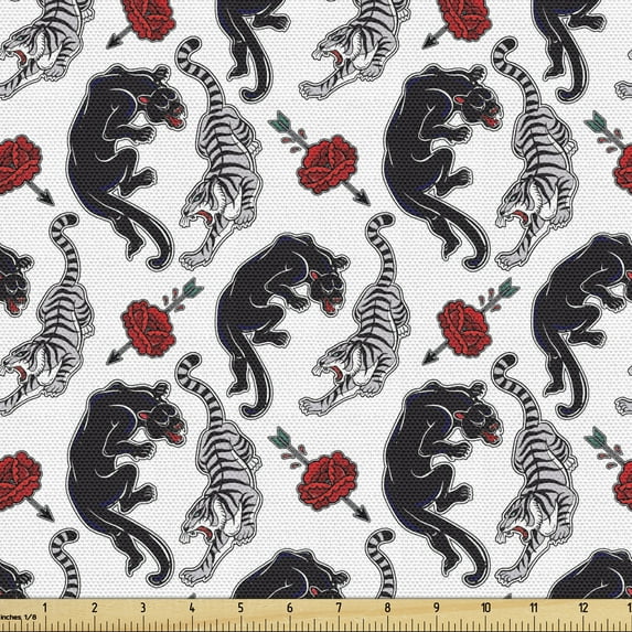 Ambesonne Romantic Fabric by the Yard Upholstery, Tigers Passion Theme, 10 Yards, Vermilion Pale Grey