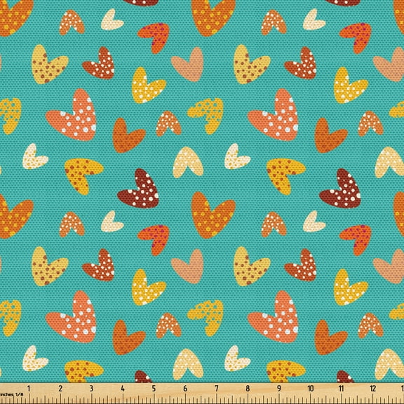 Ambesonne Romantic Fabric by the Yard Upholstery, Valentine's Day Heart Art, 2 Yards, Dark Seafoam Dark Orange