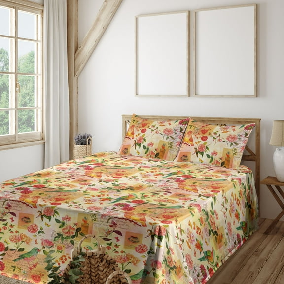 Ambesonne Romantic Fitted & Flat Sheet with Shams 4 Pcs Set, Autumn Colors Birds Print, King, Dark Pink Fern Green