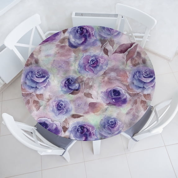 Ambesonne Romantic Fitted Round Tablecloth, Floral Roses Cold Tones, 56"- 60" Diameter, Violet Warm Taupe and Mauve