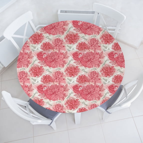Ambesonne Romantic Fitted Round Tablecloth, Valentines Day Kiss Love, 45"- 56" Diameter, Pastel Pink Grey Eggshell