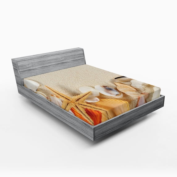 Ambesonne Romantic Fitted Sheet 2 Pcs Set, Seashells Starfish, King, Beige Ivory Cream