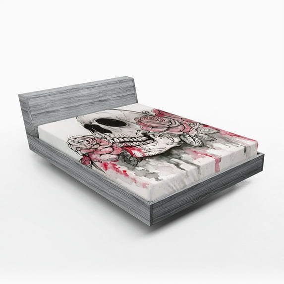 Ambesonne Romantic Fitted Sheet 2 Pcs Set, Skull Head Roses, King, White Pale Pink Black