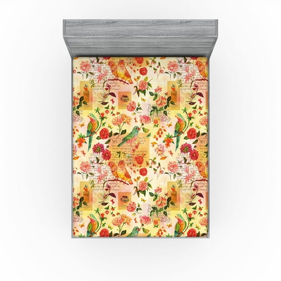 Ambesonne Romantic Fitted Sheet, Autumn Colors Birds Print, California King, Dark Pink Fern Green