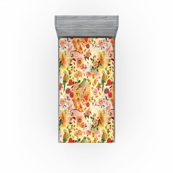 Ambesonne Romantic Fitted Sheet, Autumn Colors Birds Print, Twin XL Size, Dark Pink Fern Green