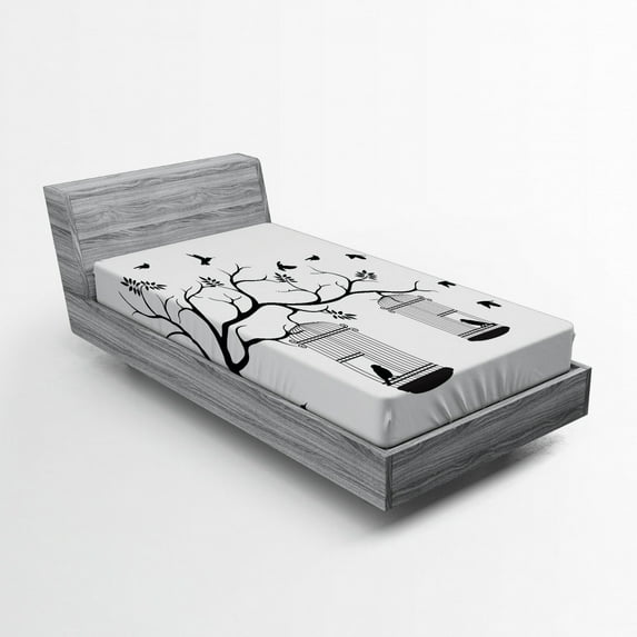 Ambesonne Romantic Fitted Sheet, Birds Flying to Cages, Twin Size, Black and White