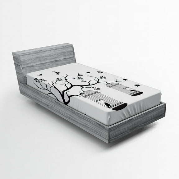 Ambesonne Romantic Fitted Sheet, Birds Flying to Cages, Twin XL Size, Black and White