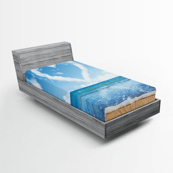 Ambesonne Romantic Fitted Sheet, Clouds Heart Shape, Twin XL Size, Blue White Sand Brown