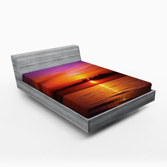 Ambesonne Romantic Fitted Sheet, Colorful Beach Sunset, Queen Size, Orange Purple