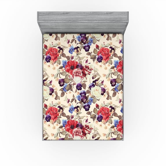 Ambesonne Romantic Fitted Sheet, English Garden Scene Peony, California King, Dark Coral and Champagne