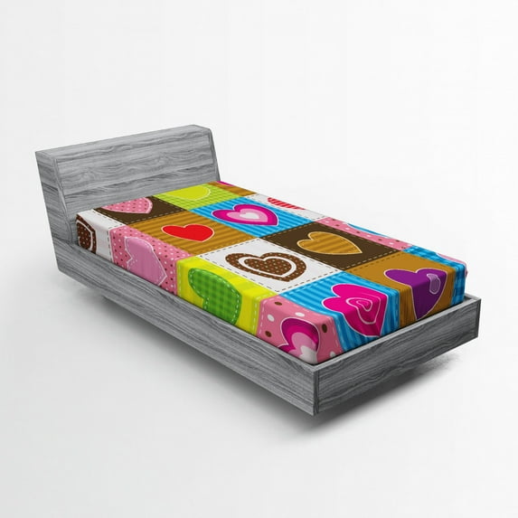 Ambesonne Romantic Fitted Sheet, Love Heart Patchwork, Twin XL Size, Multicolor