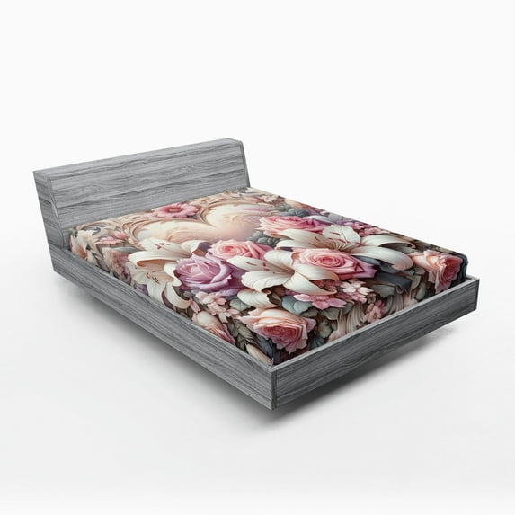 Ambesonne Romantic Fitted Sheet, Pastel Love Garden Flowers, King Size, Pale Pink Peach and Lilac