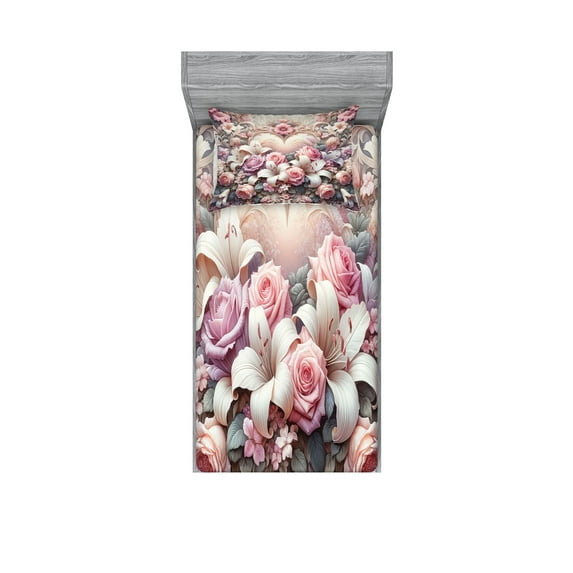 Ambesonne Romantic Fitted Sheet & Pillow Sham Set, Pastel Love Garden Flowers, Twinxl, Pale Pink Peach and Lilac