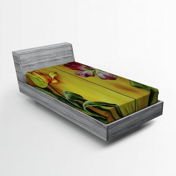 Ambesonne Romantic Fitted Sheet, Retro Flower Painting, Twin XL Size, Pink Yellow Green