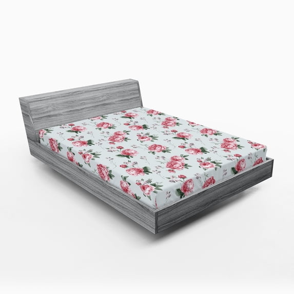 Ambesonne Romantic Fitted Sheet, Spring Flowers Roses, Queen Size, Almond Green Pale Pink