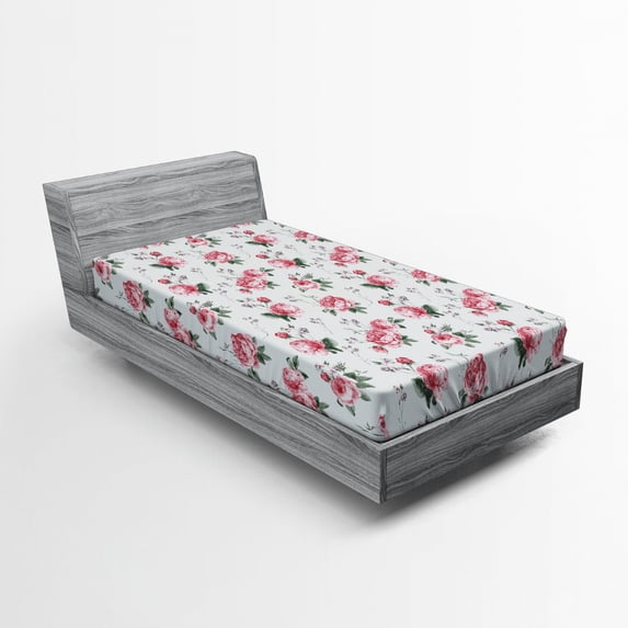 Ambesonne Romantic Fitted Sheet, Spring Flowers Roses, Twin Size, Almond Green Pale Pink