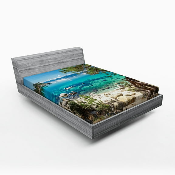 Ambesonne Romantic Fitted Sheet, Tahoe Snowy Mountain, Queen Size, Pale Blue Green Eggshell