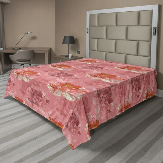 Ambesonne Romantic Flat Bedding Sheet Soft Top Sheet, Garden Peony Flowers Art, King, Dark Coral Pale Peach