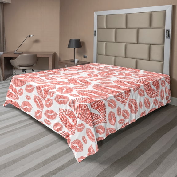 Ambesonne Romantic Flat Sheet, Hot Retro Lady Lips, Full Size, Vermilion and White