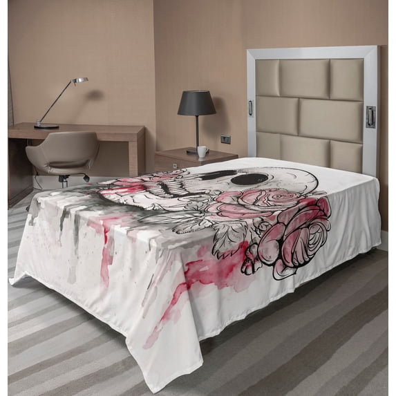 Ambesonne Romantic Flat Sheet, Skull Head Roses, TwinXL Size, White Pale Pink Black