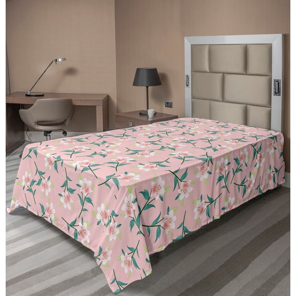 Ambesonne Romantic Flat Sheet, Soft Madonna Lily Blossoms, Twin Size, Teal Pale Pink and Green