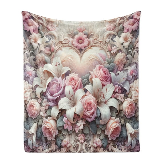 Ambesonne Romantic Fleece Throw Blanket Pastel Love Garden Flowers 50"x60" Pale Pink Peach and Lilac