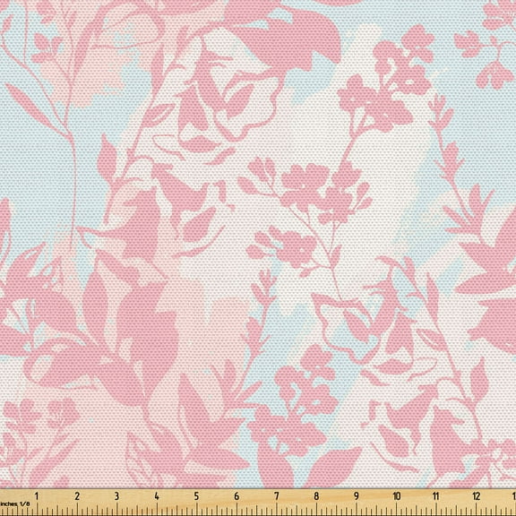 Ambesonne Romantic Floral Fabric by the Yard Upholstery, Botanical Blush Art, 2 Yards, Pastel Pink Soft Blue