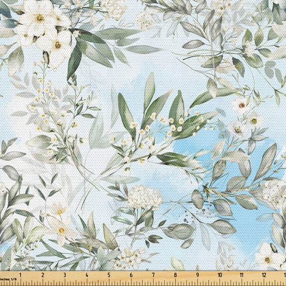Ambesonne Romantic Floral Fabric by the Yard Upholstery, Dreamy Asian Bloom, 1 Yard, Laurel Green Pale Blue