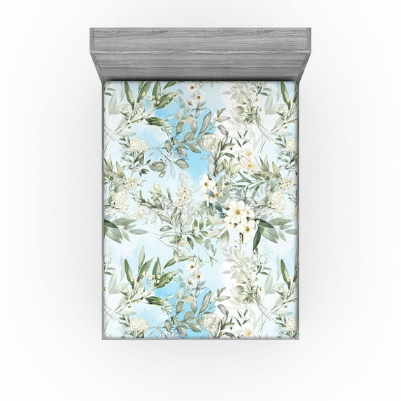 Ambesonne Romantic Floral Fitted Sheet, Dreamy Asian Bloom, Full Size, Laurel Green Pale Blue