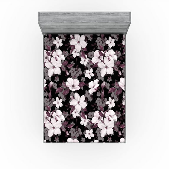 Ambesonne Romantic Floral Fitted Sheet, Dreamy Japan Flower, King Size, Pale Mauve Plum Pale Grey
