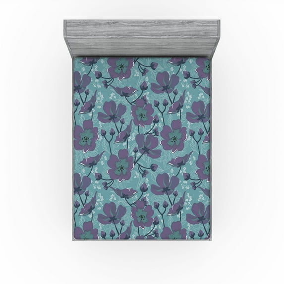 Ambesonne Romantic Floral Fitted Sheet, Modern Hibiscus Art, Full Size, Seafoam Mauve Off White