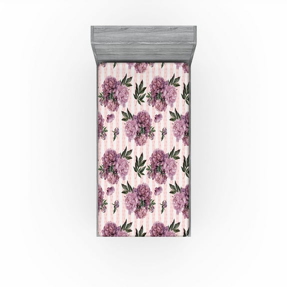 Ambesonne Romantic Floral Fitted Sheet, Peony Flowers Print, Twin XL Size, Pale Lilac and Forest Green