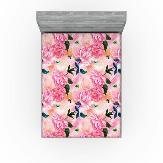 Ambesonne Romantic Floral Fitted Sheet, Romantic Flowers, King Size, Coral Pink and Peach