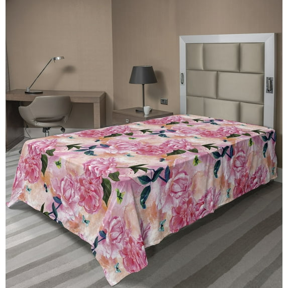 Ambesonne Romantic Floral Flat Bedding Sheet Soft Top Sheet, Romantic Flowers, Twin, Coral Pink and Peach