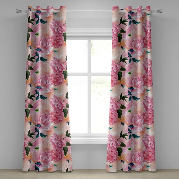 Ambesonne Romantic Floral Grommet Curtain, Romantic Flowers, 50"x84", Coral Pink and Peach