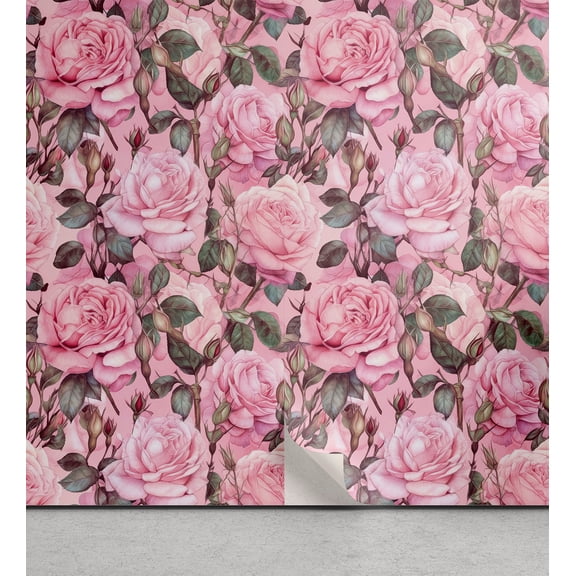 Ambesonne Romantic Floral Peel & Stick Wallpaper for Home, Roses Botanical Art, 13"x36", Pastel Pink and Taupe Grey