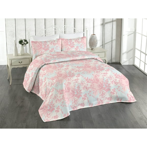 Ambesonne Romantic Floral Quilted Bedspread Set 3 Pcs, Botanical Blush Art, Queen, Pastel Pink Soft Blue