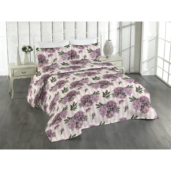 Ambesonne Romantic Floral Quilted Bedspread Set 3 Pcs, Peony Flowers Print, Twin, Pale Lilac and Forest Green