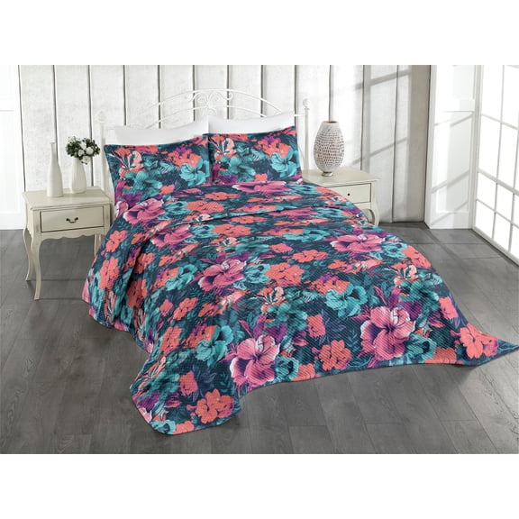 Ambesonne Romantic Floral Quilted Coverlet 3 Pcs, Boho Dreamy Flowers, Queen Size, Coral Pale Turquoise
