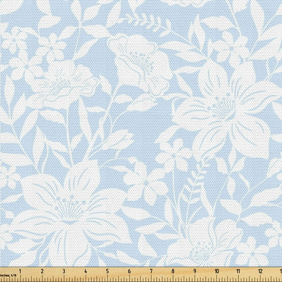 Ambesonne Romantic Flowers Fabric by the Yard Upholstery, Floral Art Leaves, 2 Yards, Pale Blue White