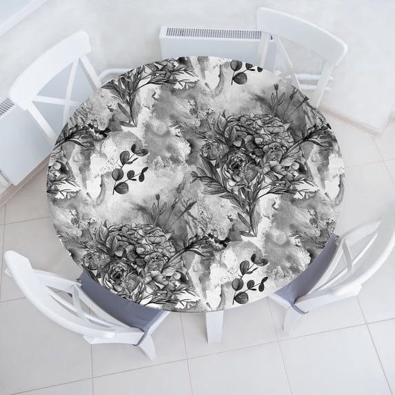 Ambesonne Romantic Flowers Fitted Round Tablecloth, Melancholic Floral, 45"- 56" Diameter, Charcoal Grey Off White