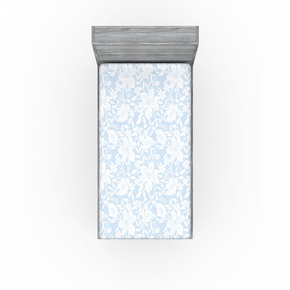 Ambesonne Romantic Flowers Fitted Sheet, Floral Art Leaves, Twin XL Size, Pale Blue White