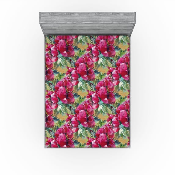 Ambesonne Romantic Flowers Fitted Sheet, Floral Delicate, Full Size, Magenta Laurel Green