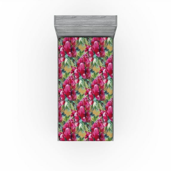 Ambesonne Romantic Flowers Fitted Sheet, Floral Delicate, Twin XL Size, Magenta Laurel Green