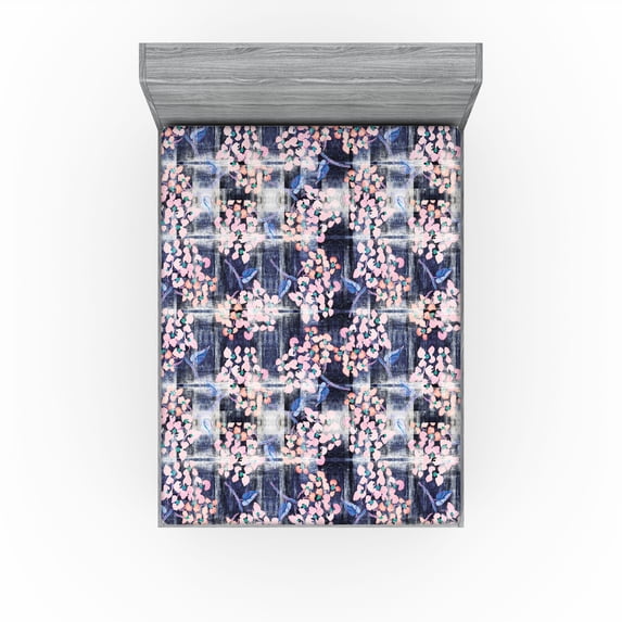 Ambesonne Romantic Flowers Fitted Sheet, Floral Grunge Art, King Size, Pale Pink and Dark Violet